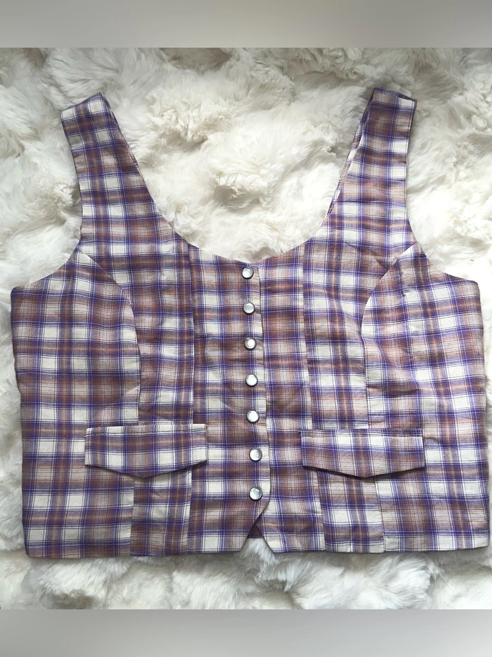 Chelsea Plaid Button-Front Cropped Tank Top - Purple/Tan